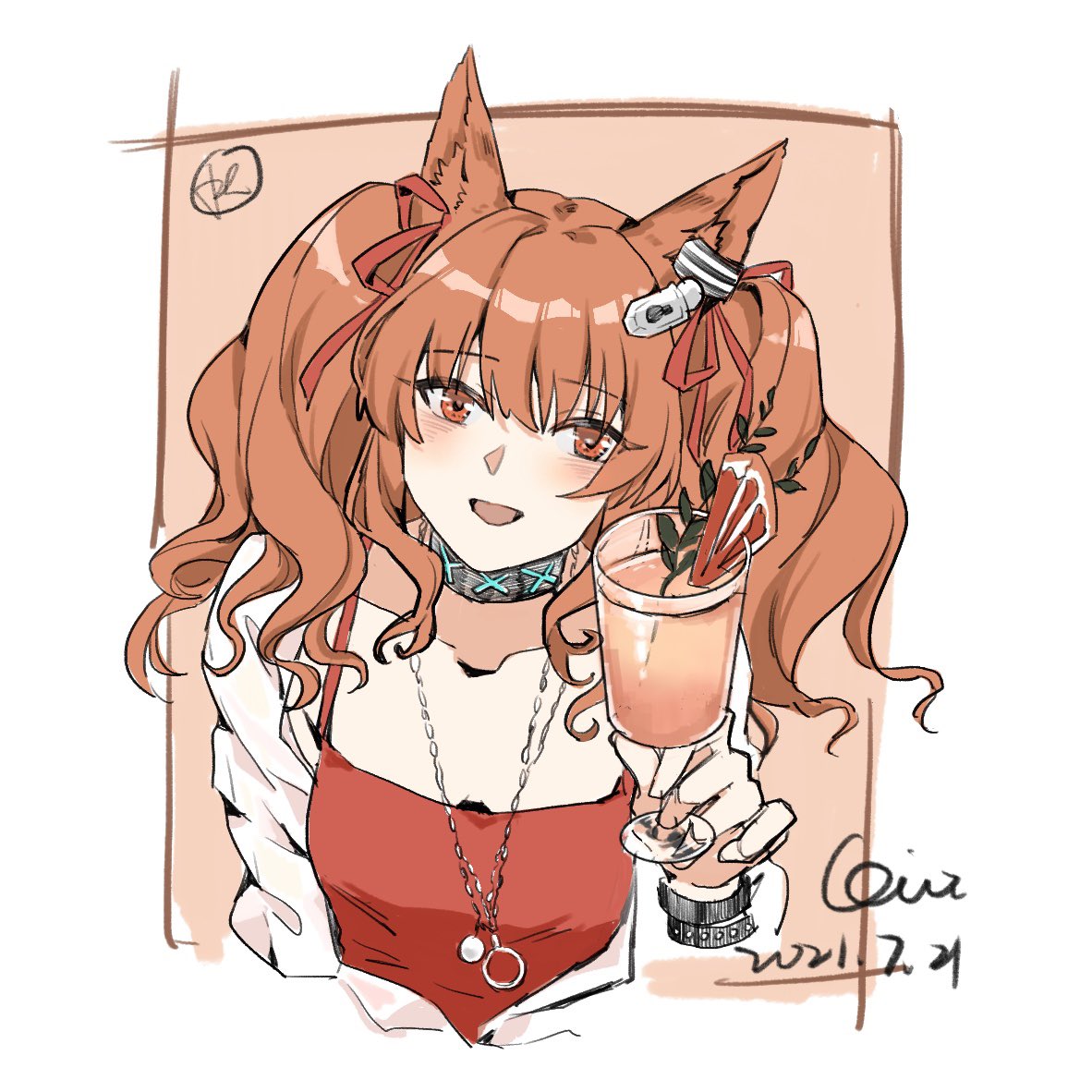 1girl, angelina_(arknights), angelina_(summer_flowers)_(arknights), animal_ears, arknights, bangs, blush, brown_hair