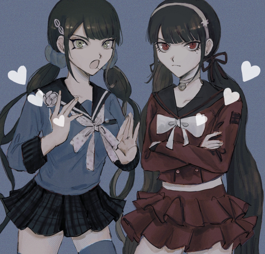 2girls, bad_perspective, bangs, bell, black_hair, black_ribbon, black_skirt, blunt_bangs