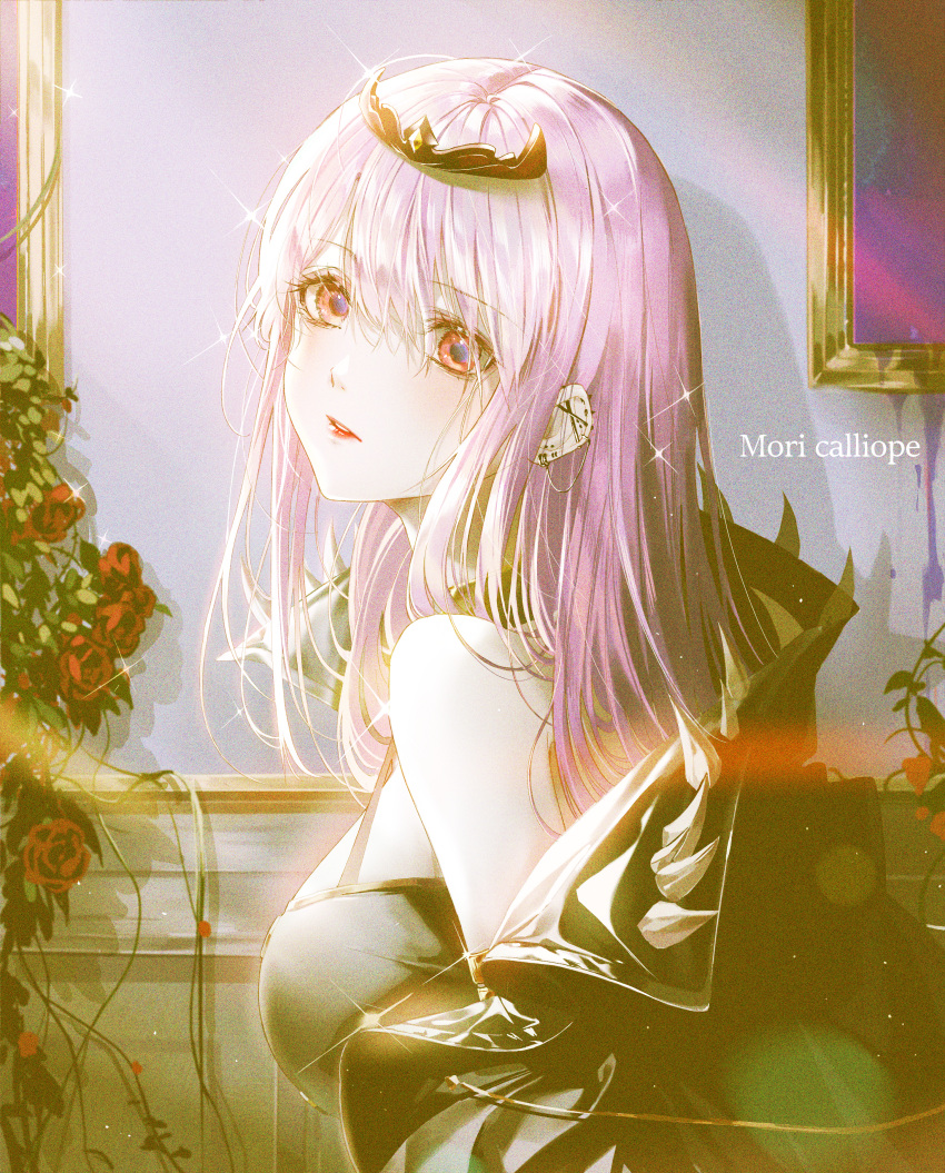1girl, absurdres, bangs, bare_shoulders, blood, breasts, character_name, crown, earrings, eyebrows_visible_through_hair, flower, from_side, highres, hololive, hololive_english, huge_filesize, jewelry, karapp0, large_breasts, long_hair, looking_at_viewer, mori_calliope, off_shoulder, pink_blood, pink_hair, plant, potted_plant, red_flower, shiny, shiny_hair, solo, sparkle, spiked, teeth, tiara, upper_body, virtual_youtuber