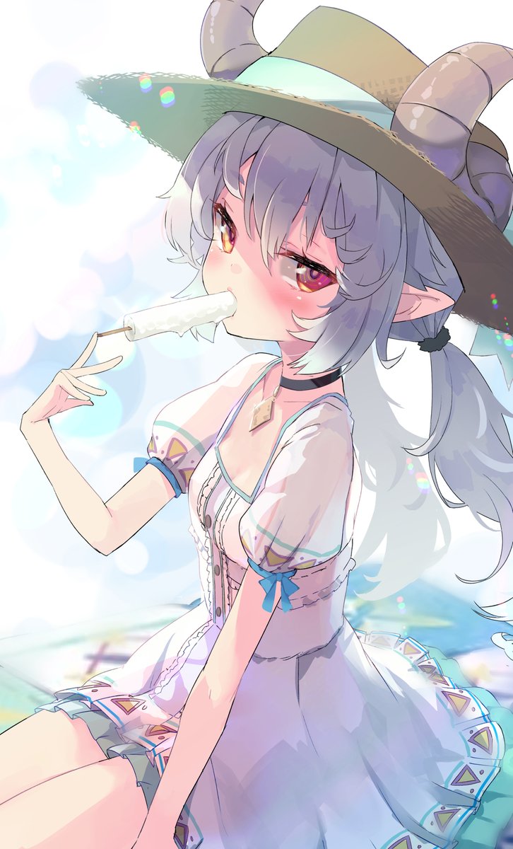 1girl, blue_ribbon, blush, breasts, curly_hair, dress, eating, food, gremory_(king's_raid), grey_hair, hat, highres, horns, ice_cream, jewelry, king's_raid, looking_at_viewer, nyahu_(nyahu_77), patterned_clothing, pendant, pointy_ears, red_eyes, ribbon, seat, small_breasts, solo, straw_hat, summer, sundress, thighs, triangle, twintails, white_dress