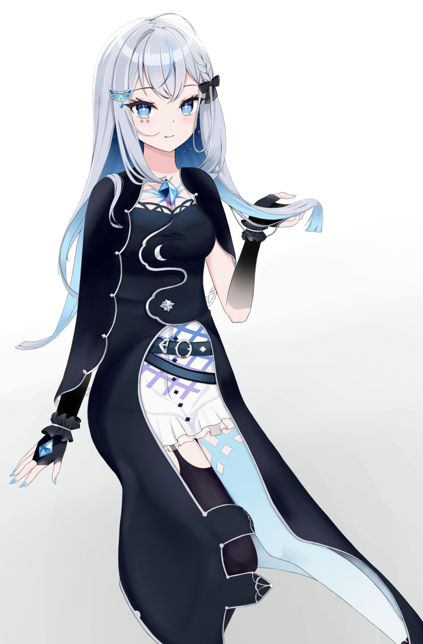 +_+, 1girl, absurdres, another_project, black_capelet, black_dress, black_gloves, blue_eyes, blue_hair, blue_nails, breasts, capelet, colored_inner_hair, dress, fingerless_gloves, gloves, highres, ling_yi_de_lei_ke, multicolored_hair, rola_(vtuber), silver_hair, sitting, skirt, small_breasts, smile, solo, virtual_youtuber, white_skirt