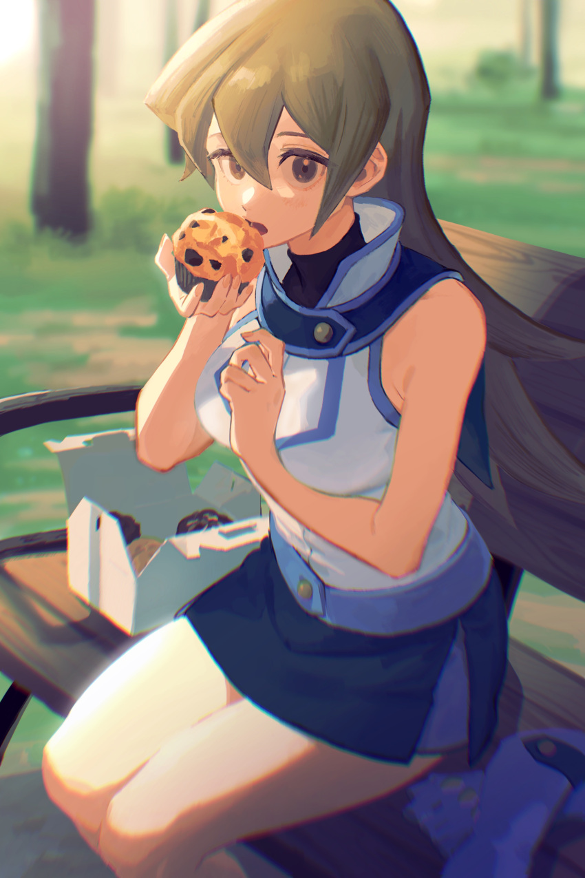 1girl, absurdres, bench, blonde_hair, breasts, brown_eyes, duel_academy_uniform_(yu-gi-oh!_gx), food