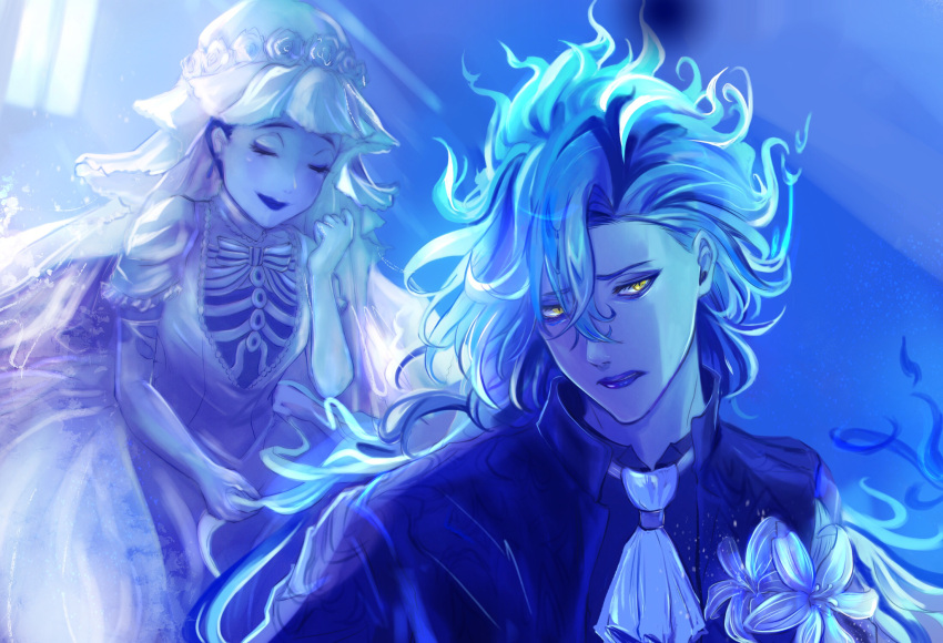 1boy, 1girl, ascot, blue_hair, blue_lips, blue_theme, closed_eyes, dress