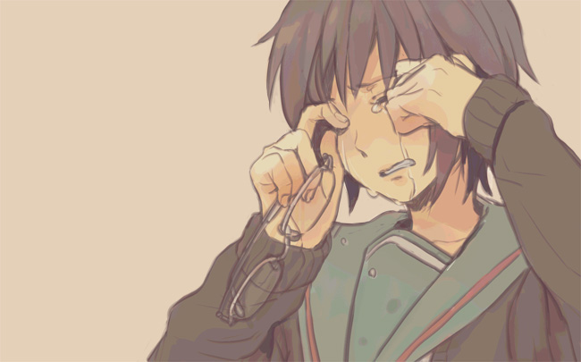 closed_eyes, glasses, glasses_off, glasses_removed, grey_hair, nagato_yuki, nagato_yuki_(shoushitsu), school_uniform, short_hair, sobbing, suzumiya_haruhi_no_shoushitsu, suzumiya_haruhi_no_yuuutsu, tears, yaruse