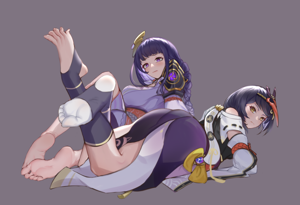 2girls, barefoot, braid, braided_ponytail, feet, feet_up, flower, genshin_impact