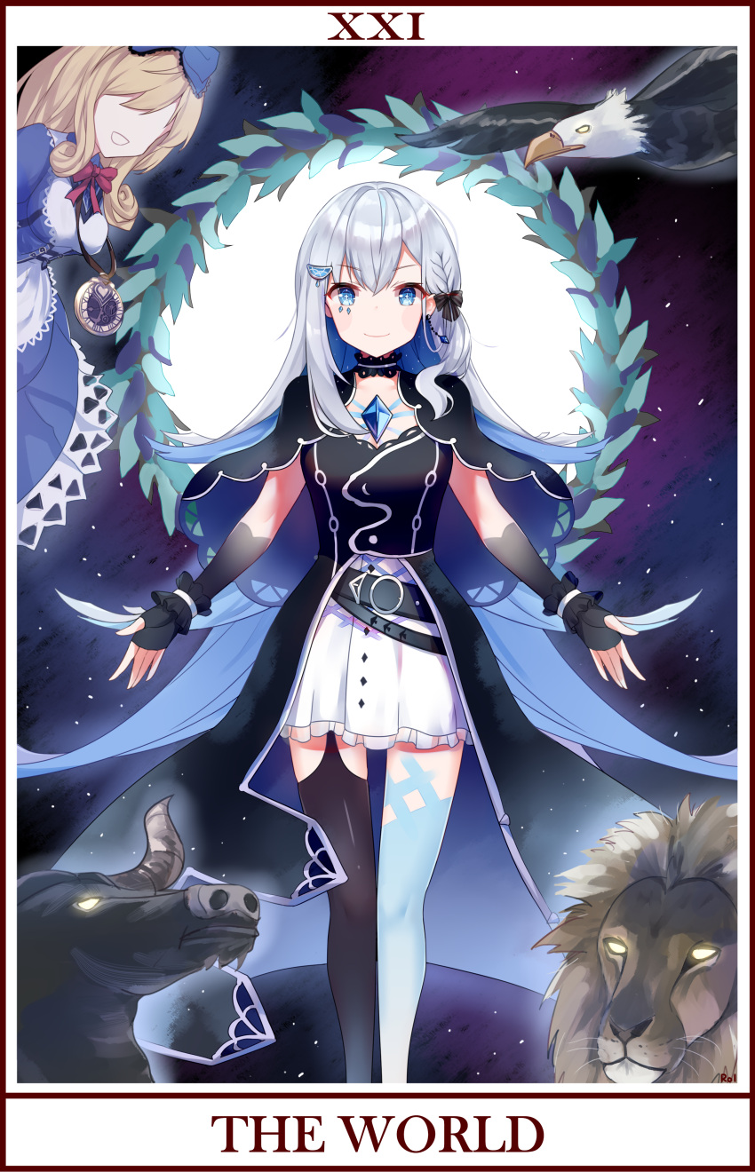 +_+, 2girls, absurdres, another_project, belt, bird, black_belt, black_capelet