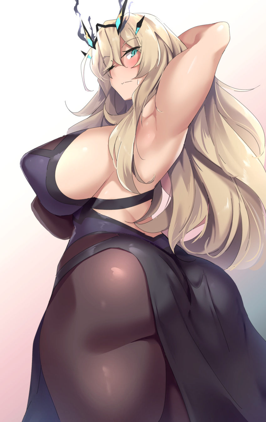 1girl, absurdres, arm_behind_head, arm_up, armpits, ass, bangs, bare_shoulders