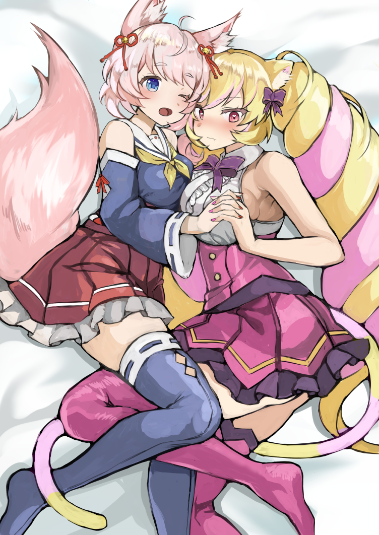 2girls, ahoge, animal_ears, armpit_peek, bed_sheet, bell, blonde_hair, blue_eyes