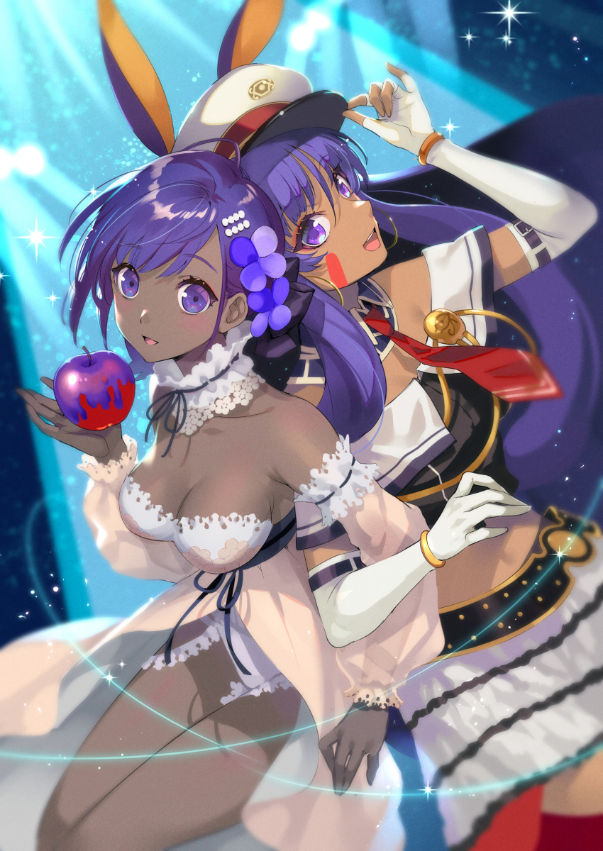 2girls, absurdres, animal_ears, breasts, dark-skinned_female, dark_skin, earrings, elbow_gloves