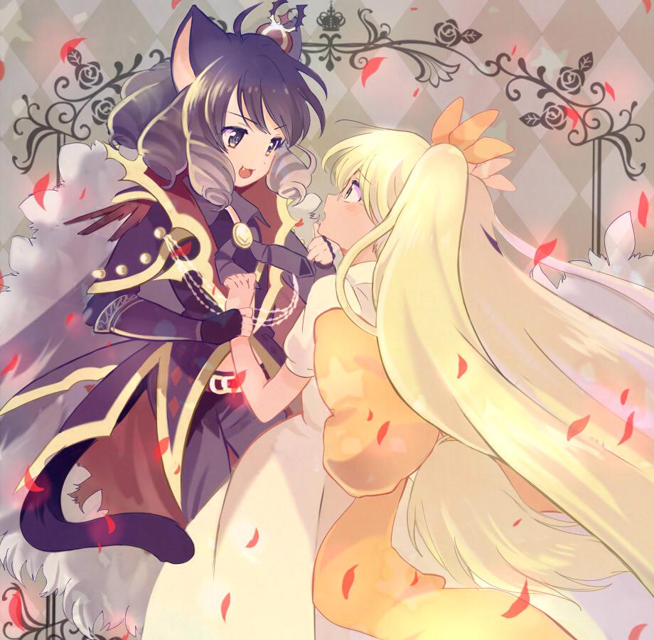 2girls, alternate_costume, animal_ears, blonde_hair, blue_eyes, blue_hair, cape, cat_ears