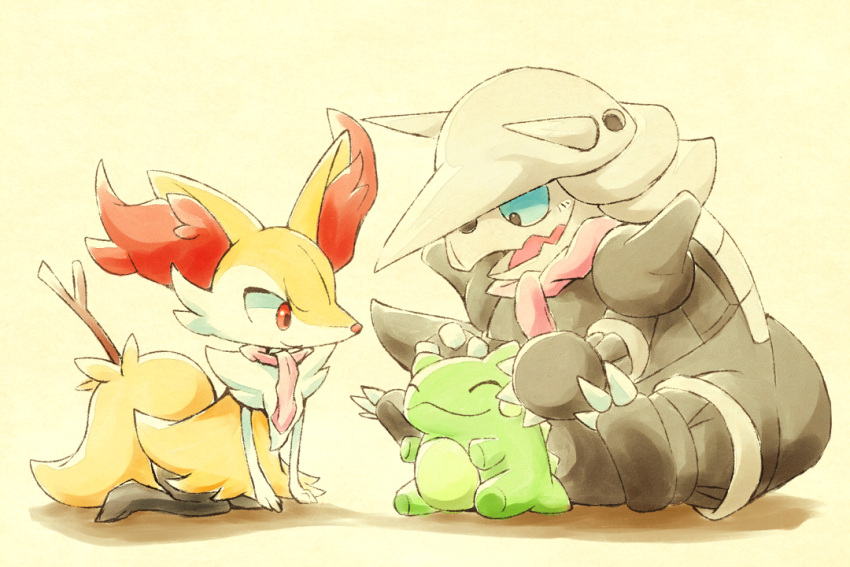 aggron, black_eyes, braixen, closed_mouth, commentary_request, doll, furry, gen_3_pokemon
