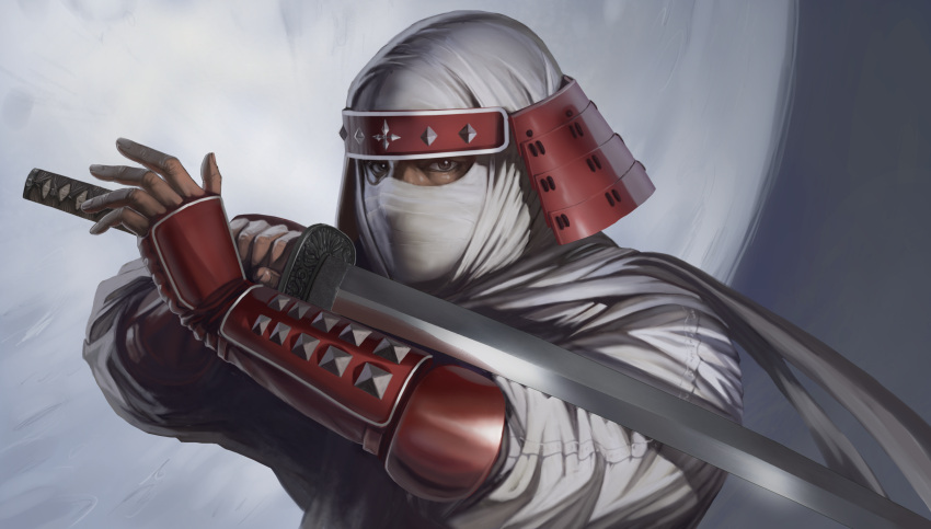 1990s_(style), 1boy, armor, brown_eyes, covered_face, covered_mouth, elbow_pads, english_commentary