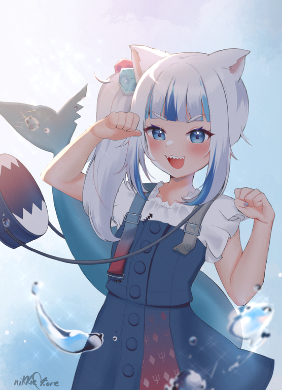 bag, bangs, blouse, blue_dress, blue_eyes, blue_hair, blue_nails, blunt_bangs, clenched_hands, dress, english_commentary, fish_tail, flat_chest, gawr_gura, hair_ornament, hololive, hololive_english, long_hair, multicolored_hair, nikkie_viore, paw_pose, shark_girl, sharp_teeth, side_ponytail, silver_hair, streaked_hair, tail, teeth, virtual_youtuber, water, white_blouse