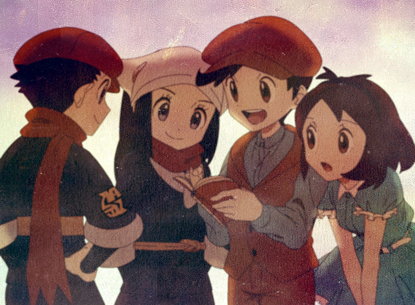 2boys, 2girls, alternate_costume, bangs, black_hair, black_undershirt, bob_cut, book, brown_eyes, brown_hair, buttons, closed_mouth, collared_shirt, commentary_request, dress, eyelashes, female_protagonist_(pokemon_legends:_arceus), frills, gloria_(pokemon), grey_shirt, hands_on_hips, hat, head_scarf, highres, holding, holding_book, hungry_seishin, long_sleeves, male_protagonist_(pokemon_legends:_arceus), multiple_boys, multiple_girls, open_mouth, pants, pokemon, pokemon_(game), pokemon_legends:_arceus, pokemon_swsh, red_headwear, red_scarf, sash, scarf, shirt, short_hair, short_sleeves, smile, swept_bangs, tongue, vest, victor_(pokemon), white_headwear