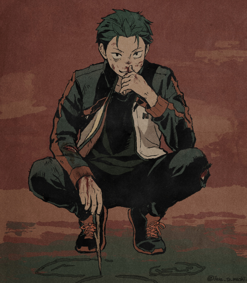 1boy, absurdres, bangs, black_shirt, blood, blood_on_face, commentary_request, dirty
