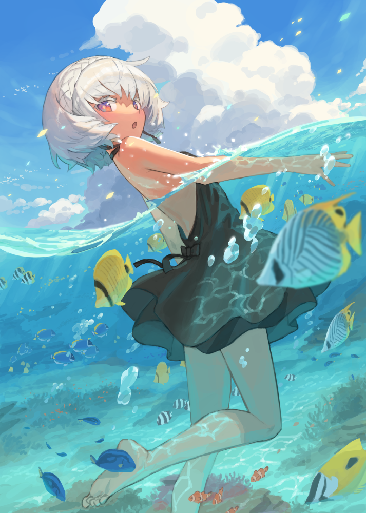1girl, air_bubble, bangs, bare_arms, barefoot, bob_cut, bow, bubble