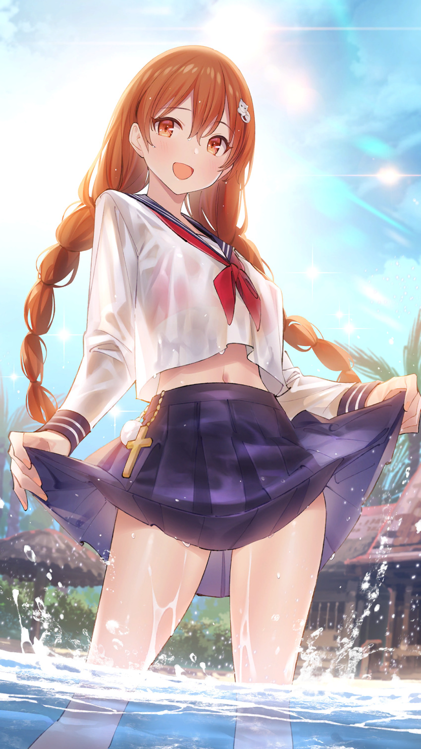 1girl, :d, backlighting, blue_skirt, bra, bra_through_clothes, braid, clothes_lift, crop_top, crop_top_overhang, day, girl_cafe_gun, hair_ornament, highres, irene_white_(girl_cafe_gun), lifted_by_self, long_hair, long_sleeves, looking_at_viewer, midriff, navel, neckerchief, official_art, open_mouth, orange_eyes, orange_hair, outdoors, pink_bra, pleated_skirt, poppuqn, sailor_collar, school_uniform, see-through, serafuku, shirt, skirt, skirt_lift, smile, solo, standing, sunlight, thighs, twin_braids, twintails, underwear, very_long_hair, wading, water, wet, wet_clothes, wet_shirt, white_shirt