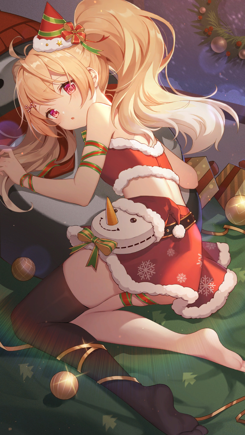 1girl, antenna_hair, artist_request, bag, bandeau, bare_shoulders, bauble, black_legwear, blonde_hair, carol_(girl_cafe_gun), christmas, feet, fur_trim, girl_cafe_gun, handbag, hat, highres, long_hair, looking_at_viewer, looking_back, lying, midriff, mini_hat, miniskirt, official_art, on_side, parted_lips, red_eyes, red_headwear, red_skirt, santa_hat, single_thighhigh, skirt, solo, strapless, thigh-highs, tubetop, twintails