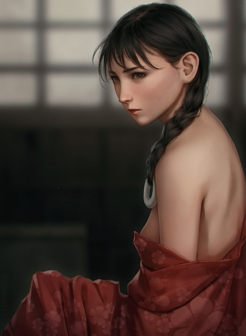1girl, asano_rin, bangs, black_hair, blade_of_the_immortal, blurry, blurry_background, braid