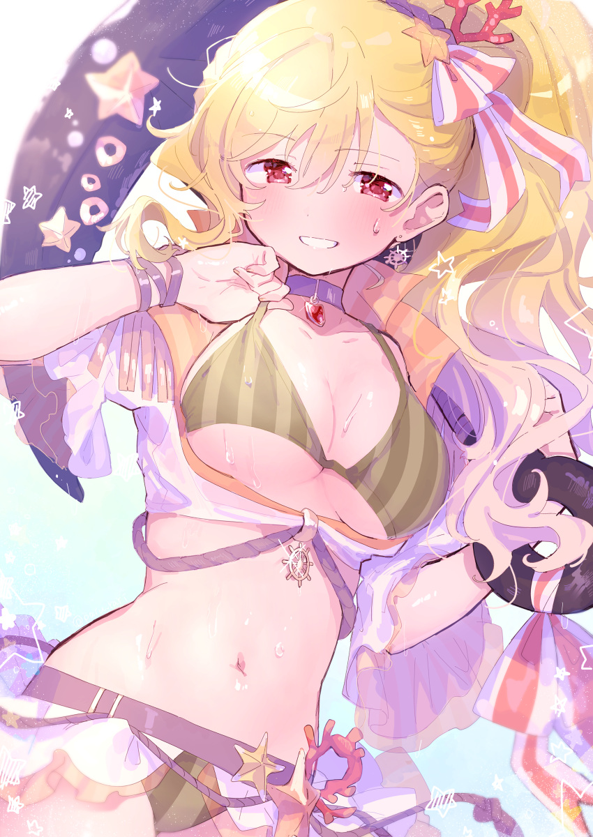 1girl, absurdres, adjusting_clothes, alternate_costume, anchor, belt, bikini, blonde_hair, blurry, bow, breasts, brown_belt, carrying, carrying_over_shoulder, choker, clothes_tug, collarbone, coral_hair_ornament, cowboy_shot, curly_hair, depth_of_field, dot_nose, dutch_angle, epaulettes, eyebrows_visible_through_hair, fringe_trim, glint, gradient, gradient_background, green_bikini, hair_ribbon, half-closed_eyes, high_ponytail, highres, large_breasts, layered_sleeves, light_blue_background, light_blush, light_particles, looking_at_viewer, magia_record:_mahou_shoujo_madoka_magica_gaiden, mahou_shoujo_madoka_magica, navel, parted_lips, paru_rari, pearl_(gemstone), polka_dot, polka_dot_background, ponytail, purple_choker, red_eyes, ribbon, rope, rope_belt, shiny, shiny_hair, shiny_skin, ship's_wheel, simple_background, smile, solo, soul_gem, star_(symbol), starfish, starfish_bikini, starfish_hair_ornament, starry_background, stomach, striped, striped_bikini, striped_bow, swimsuit, tight_top, togame_momoko, twitter_username, vertical-striped_bikini, vertical_stripes, water_drop, wet, wheel_earring, white_background, wide_sleeves