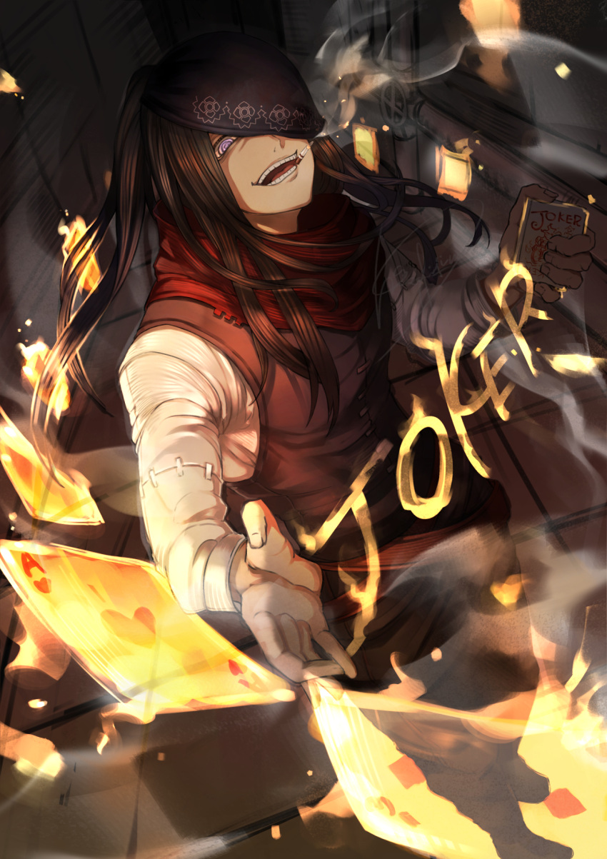 1boy, bandana, black_hair, card, character_name, cigarette, en'en_no_shouboutai, fire