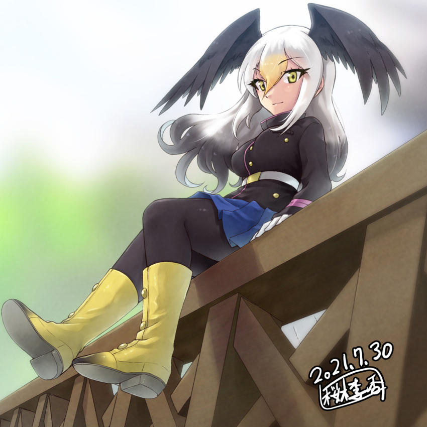 1girl, bald_eagle_(kemono_friends), belt, bird_girl, bird_tail, bird_wings, black_jacket, black_legwear