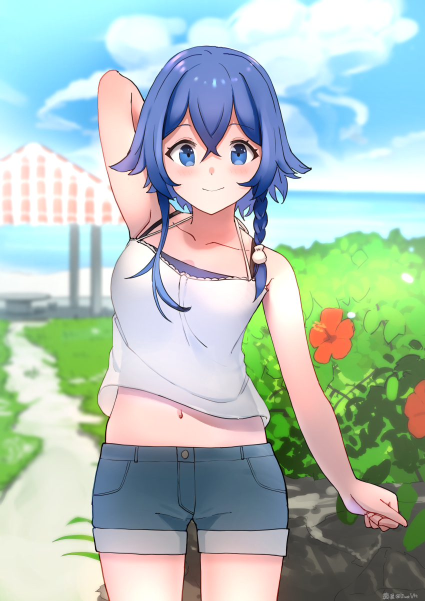 1girl, absurdres, arm_up, artist_name, bitween0908, blue_eyes, blue_sky, blurry