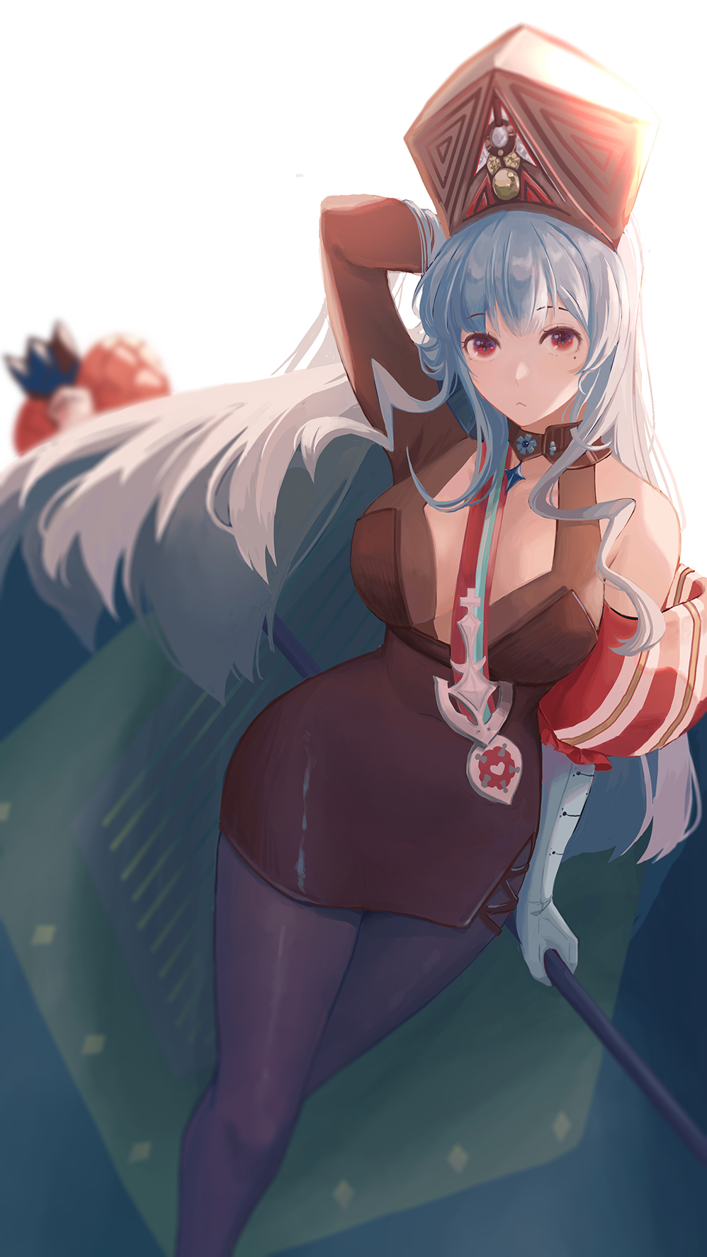 1girl, arm_up, asymmetrical_gloves, azur_lane, black_dress, black_headwear, blue_hair, bodystocking