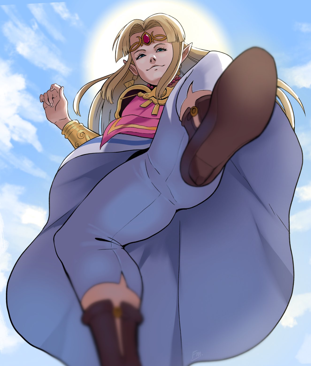 1girl, bangs, blonde_hair, blue_sky, boots, bracelet, circlet, clouds, dress, earrings, francisco_mon, from_below, highres, jewelry, looking_at_viewer, pink_dress, pointy_ears, princess_zelda, sidelocks, sky, smug, sun, super_smash_bros., triforce, white_dress, white_legwear