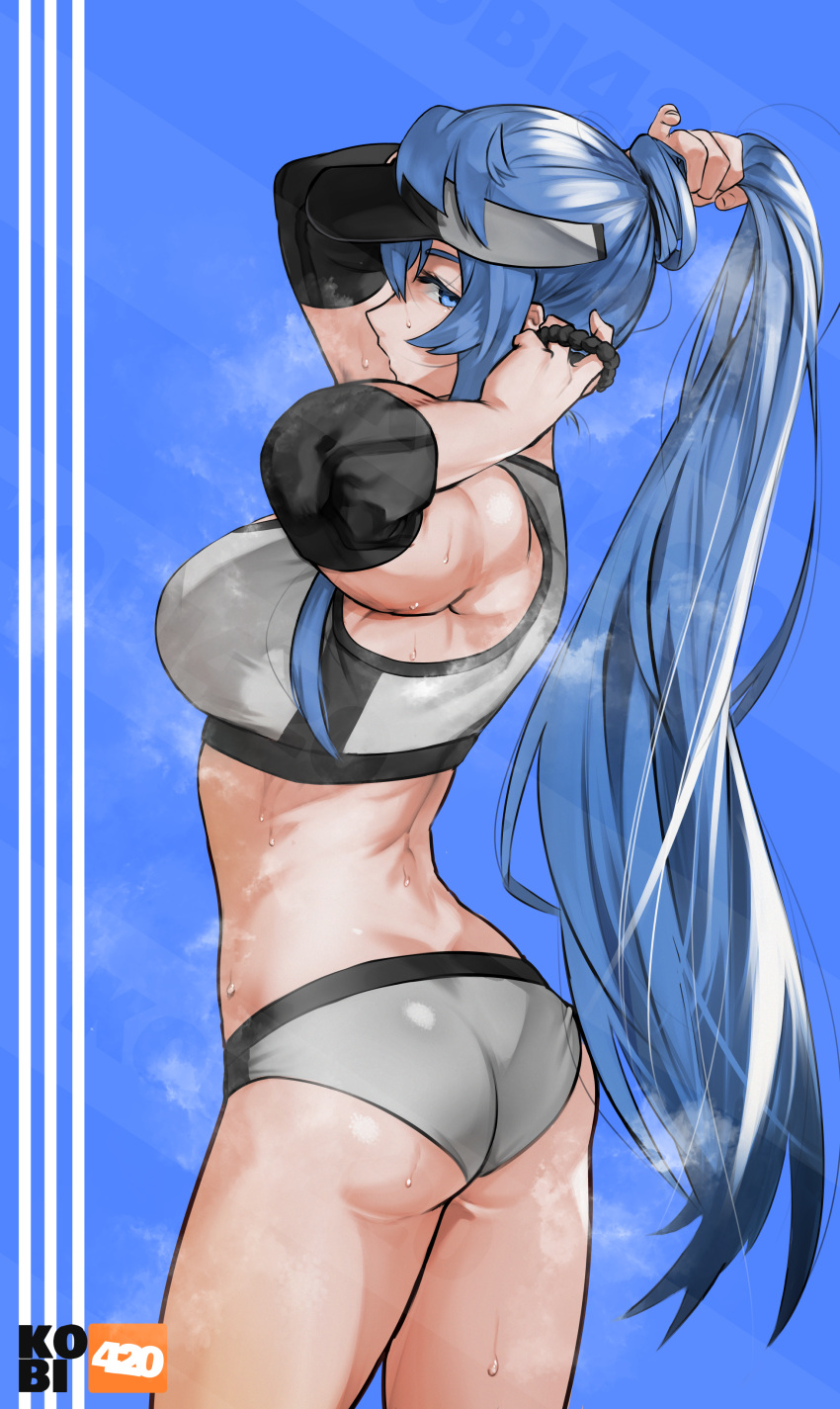 1girl, absurdres, akame_ga_kill!, artist_name, ass, bangs, blue_background, blue_eyebrows, blue_eyes, blue_hair, breasts, breath, buruma, cowboy_shot, elbow_pads, esdeath, from_side, hair_tie, highres, holding, holding_hair, kobi420, long_hair, looking_at_viewer, profile, scrunchie, solo, sports_bra, sportswear, steaming_body, sweat, tying_hair, very_long_hair, visor_cap, white_sports_bra