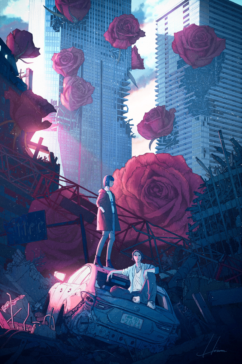 1boy, 1girl, black_hair, black_jacket, black_pants, building, car, destruction