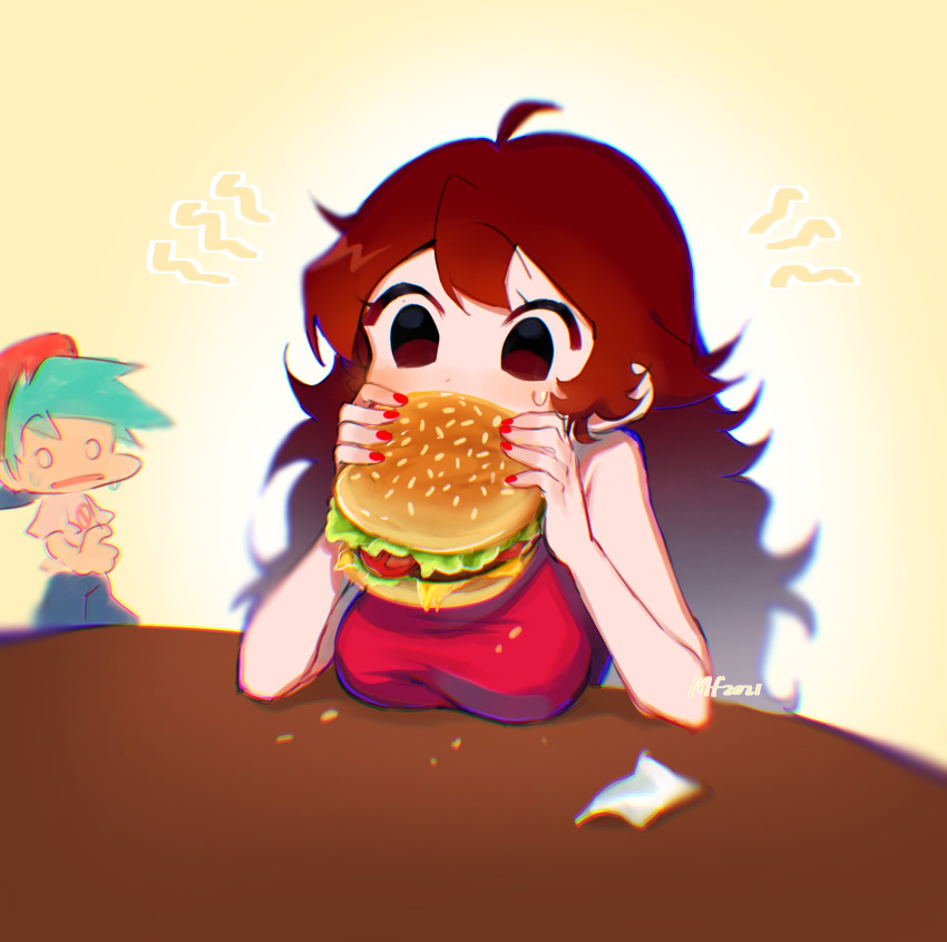 1boy, 1girl, aqua_hair, boyfriend_(friday_night_funkin'), breasts, brown_hair, burger, cheese
