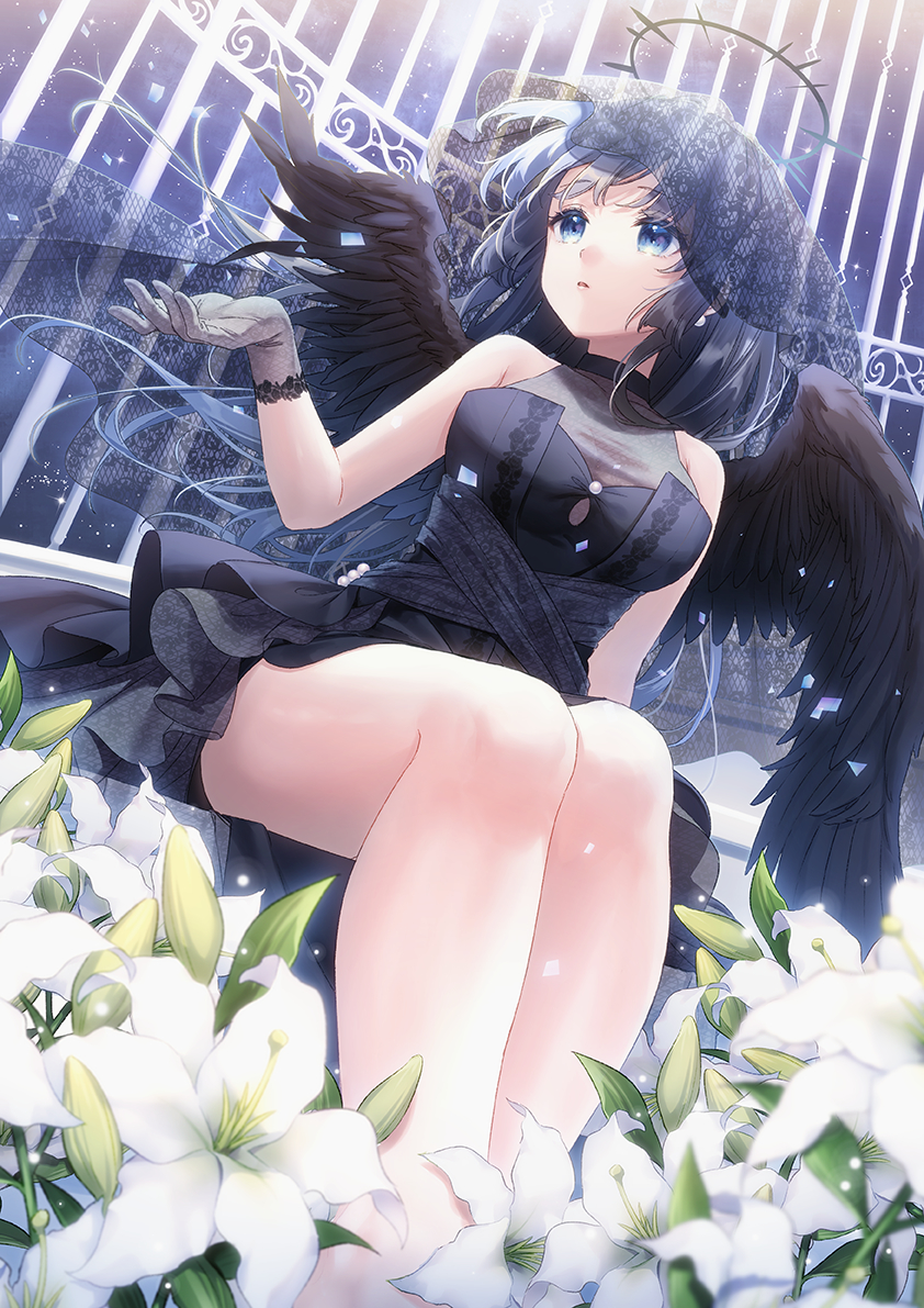 1girl, angel, angel_wings, bangs, bare_legs, birdcage, black_dress, black_veil