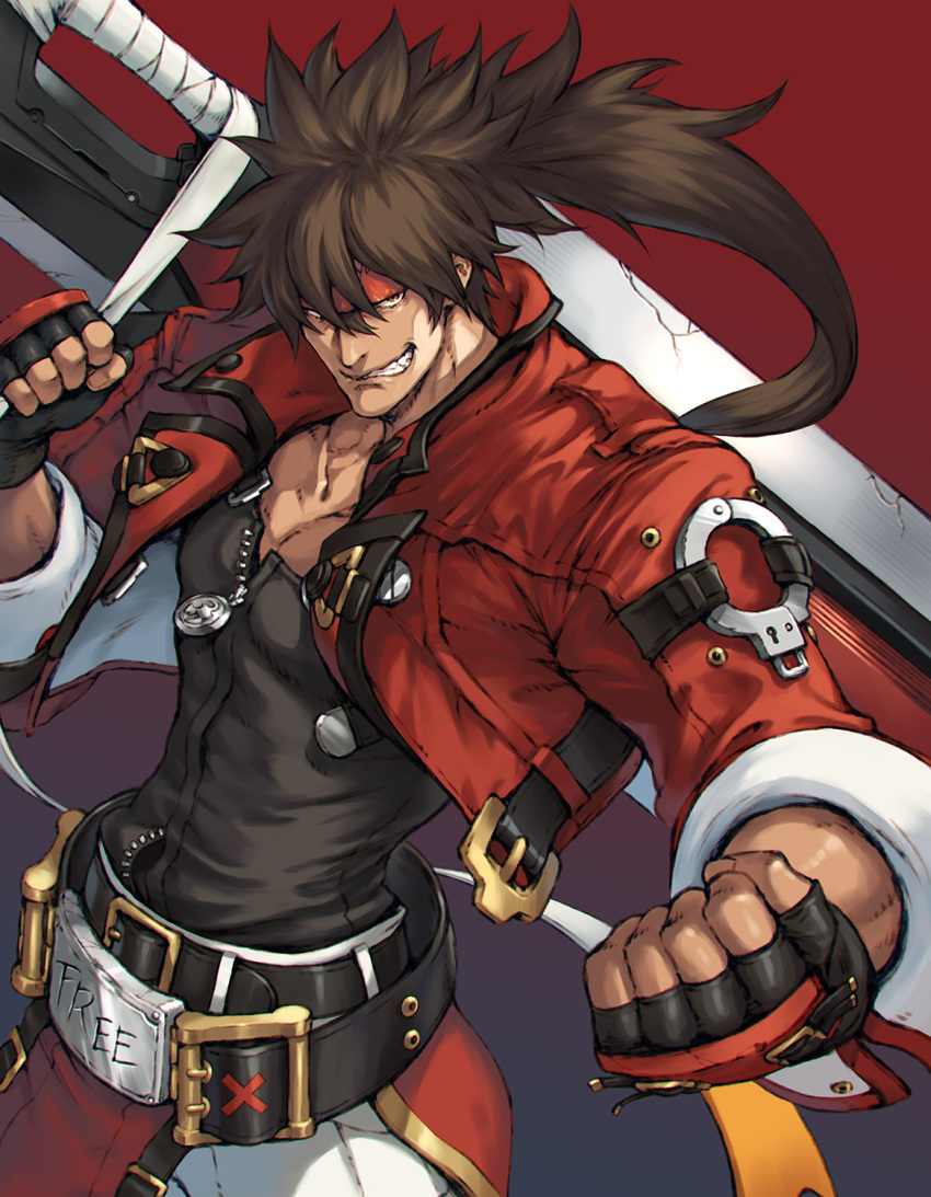 1boy, bangs, belt, black_belt, black_gloves, brown_hair, clenched_teeth, cropped_jacket