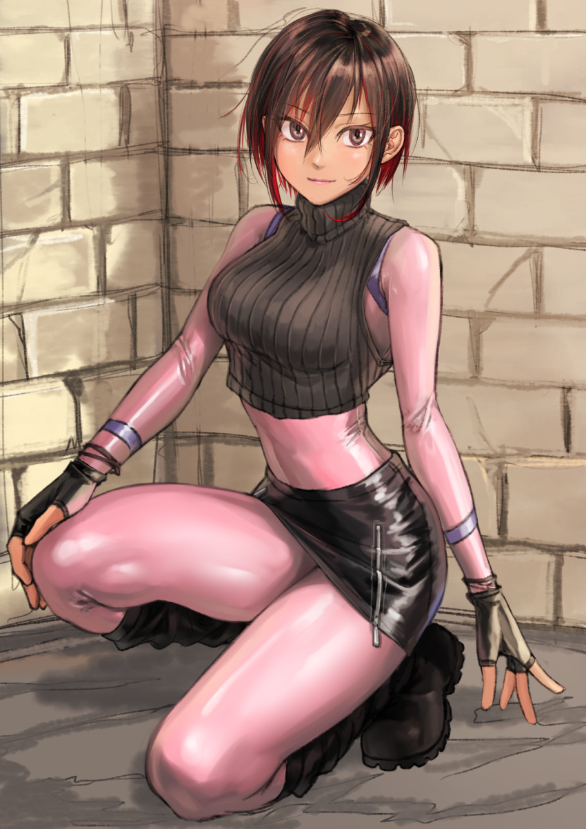 1girl, black_gloves, black_skirt, black_sweater, bodysuit, breasts, brown_eyes, brown_hair