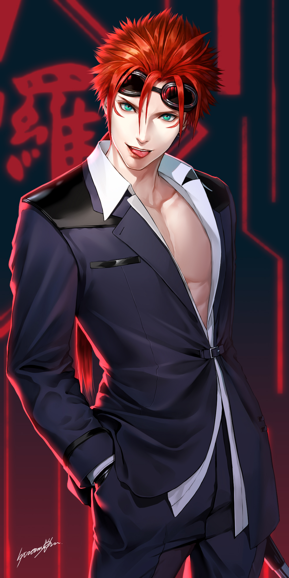1boy, collared_shirt, facial_mark, final_fantasy, final_fantasy_vii, formal, goggles, goggles_on_head