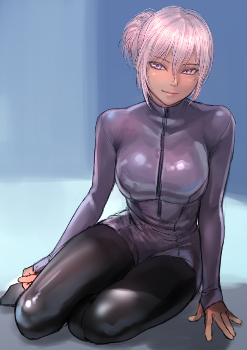 1girl, bodysuit, breasts, full_body, hair_between_eyes, hair_bun, highres, kilye_kairi, large_breasts, latex, latex_bodysuit, long_sleeves, looking_at_viewer, mole, mole_on_nose, mole_under_eye, original, parted_lips, pink_hair, sitting, skin_tight, smile, solo, violet_eyes, yokozuwari