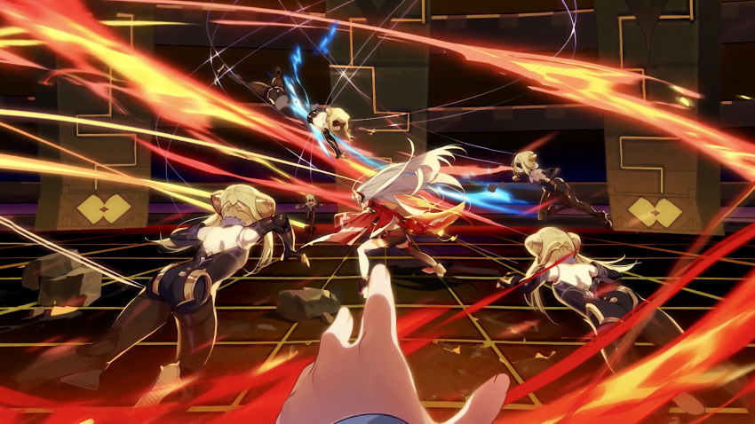 6+girls, absurdres, back, black_gloves, black_legwear, black_leotard, black_shorts, blindfold