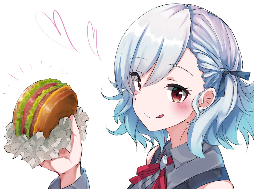 1girl, :q, bangs, black_ribbon, blush, burger, commentary_request, eyebrows_visible_through_hair, food, from_side, girls_frontline, hair_ribbon, heart, highres, holding, holding_food, licking_lips, looking_at_viewer, portrait, red_eyes, red_ribbon, ribbon, short_hair, silver_hair, smile, solo, spas-12_(girls_frontline), tete3873, tongue, tongue_out, white_background