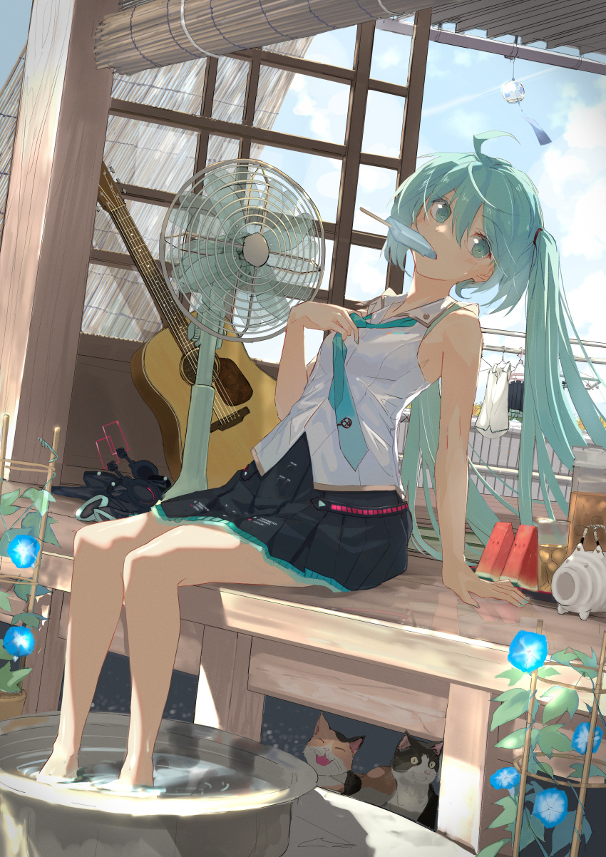 1girl, absurdres, acoustic_guitar, ahoge, aqua_eyes, aqua_hair, aqua_neckwear, bare_legs