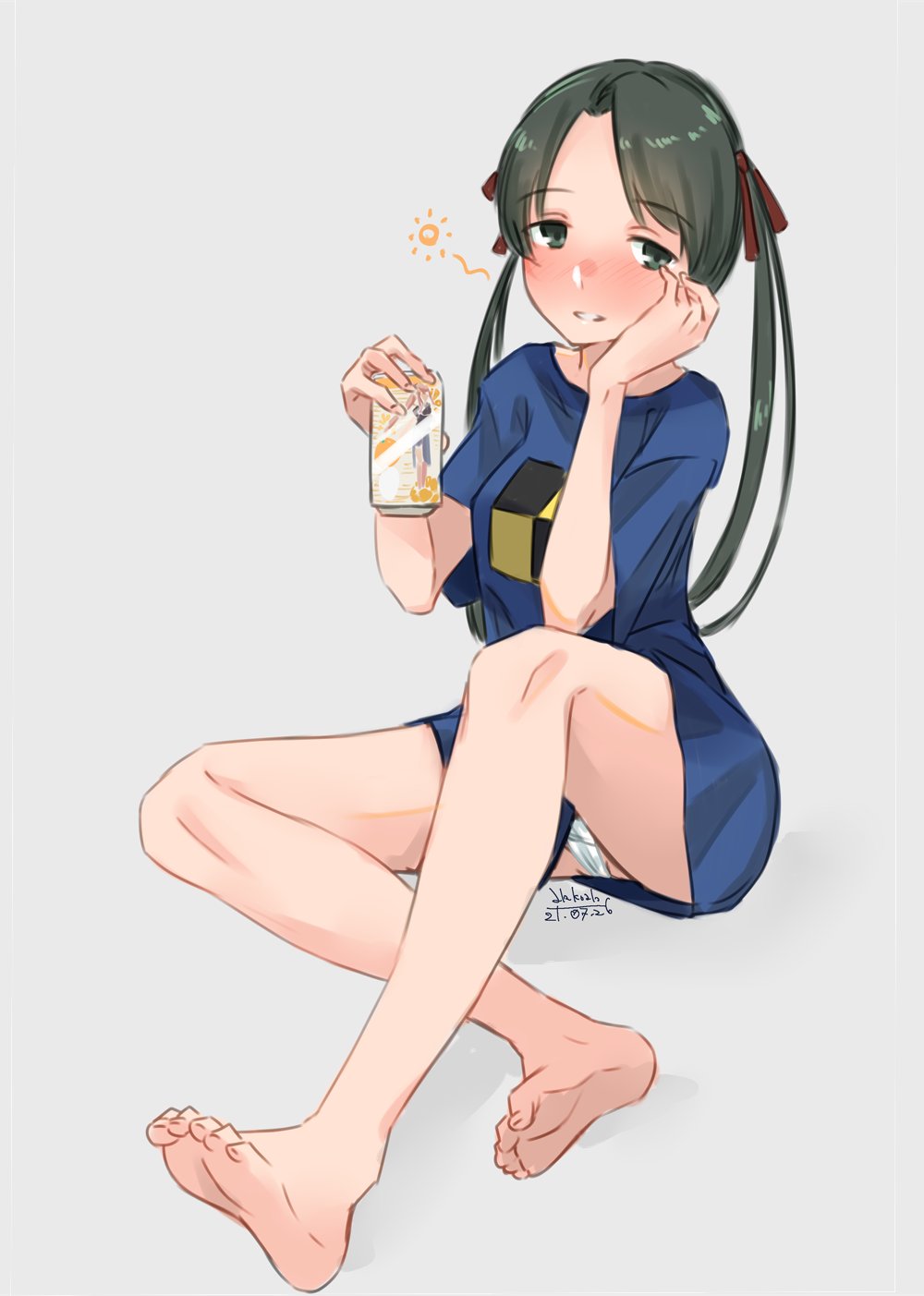 1girl, alakoala, beer_can, black_hair, blue_shirt, can, drunk, grey_eyes
