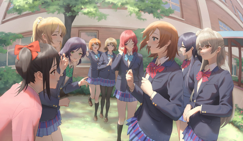 6+girls, :d, ayase_eli, bangs, black_hair, black_jacket, black_legwear, blonde_hair