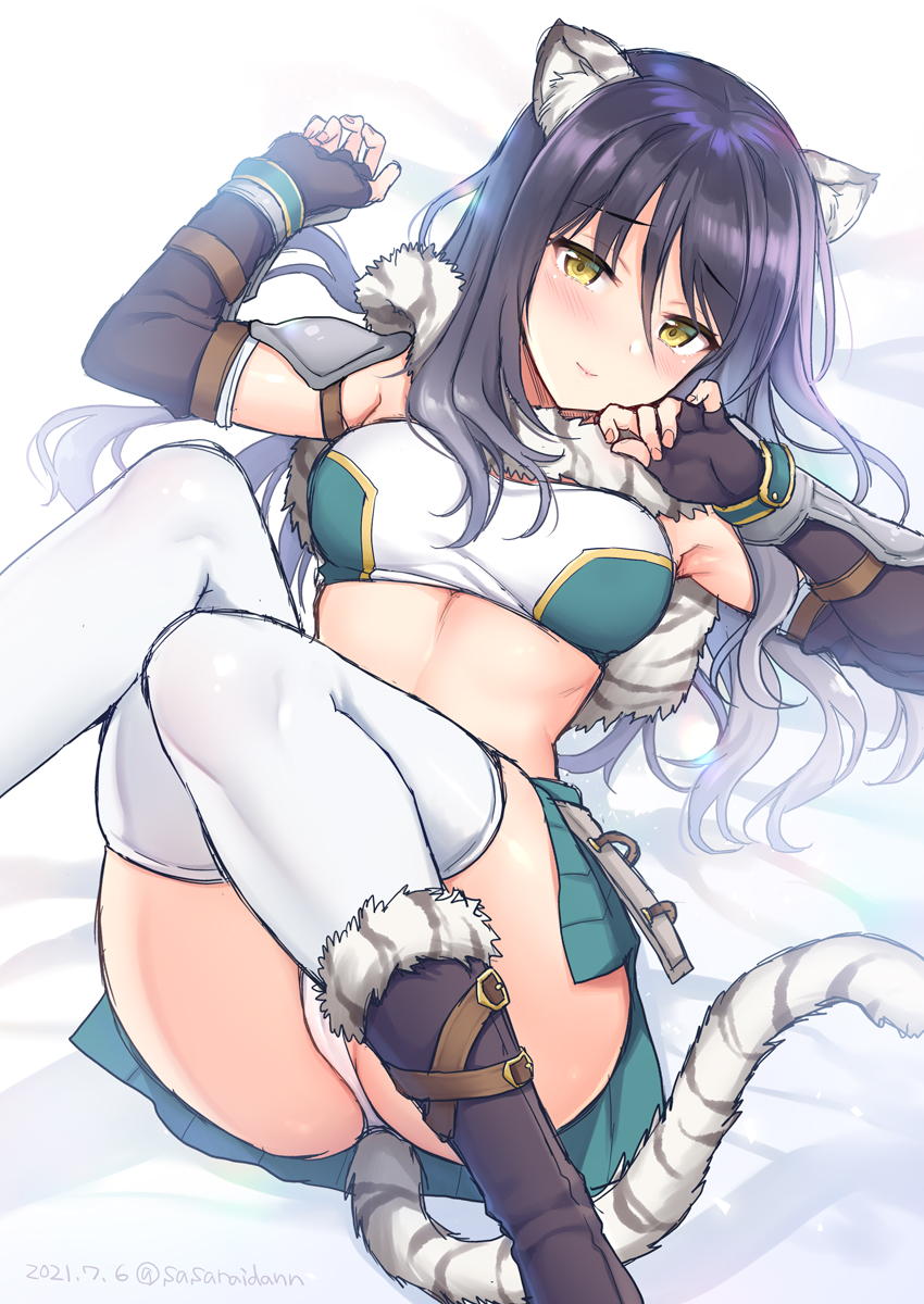 1girl, animal_ears, armor, armpits, arms_up, ass, black_gloves, black_hair
