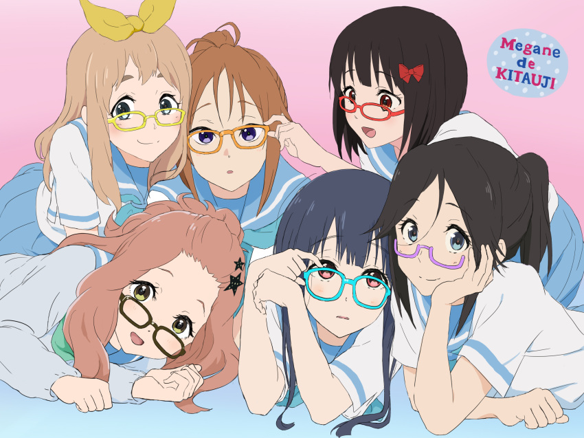 6+girls, adjusting_eyewear, akadou, bangs, black-framed_eyewear, black_hair, blonde_hair, blue_eyes