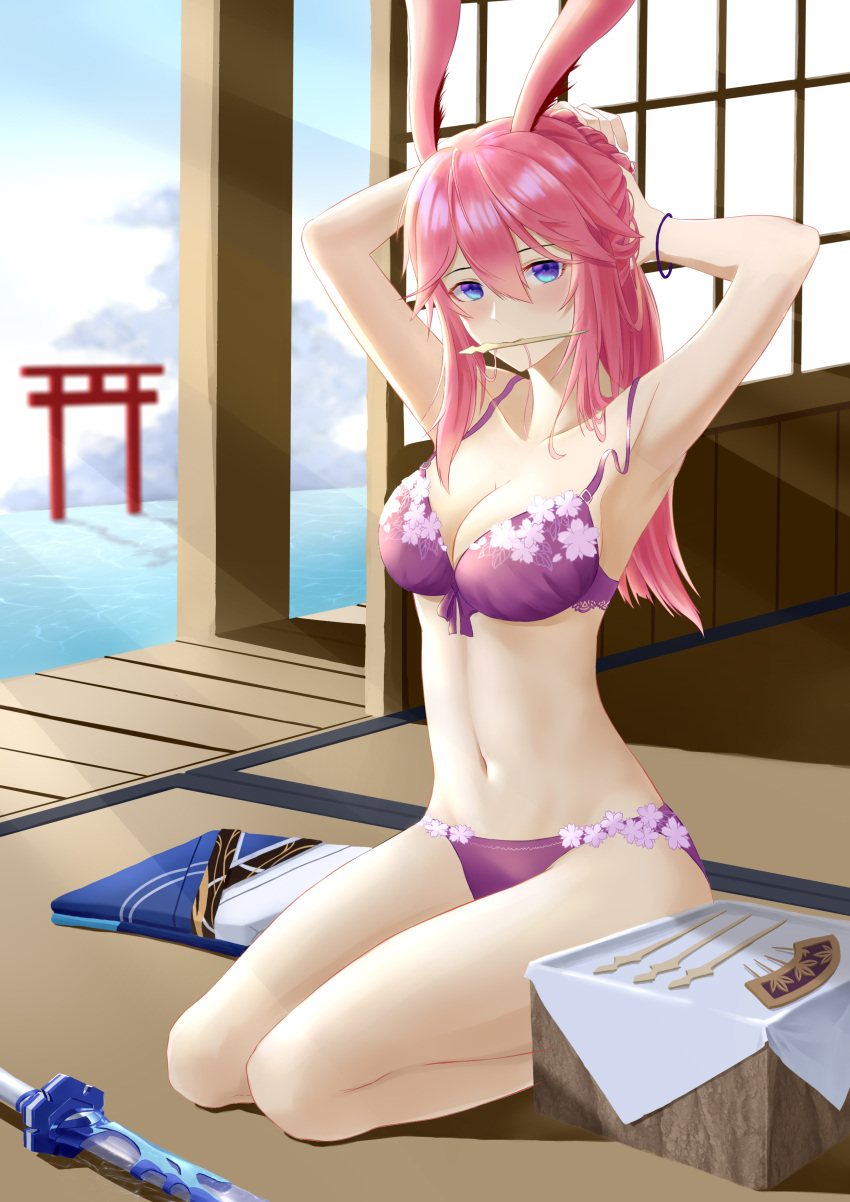1girl, absurdres, adjusting_hair, alternate_eye_color, animal_ears, architecture, armpits, arms_behind_back
