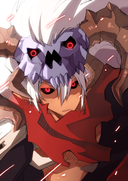 1boy, armor, assassin_cross_(ragnarok_online), bangs, black_sclera, black_shirt, colored_sclera, commentary_request