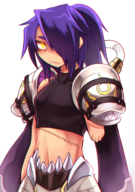 1boy, armor, bangs, black_shirt, commentary_request, cowboy_shot, crop_top, emon-yu