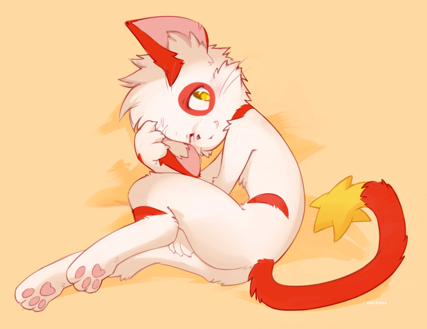 1boy, :3, ancesra, animal_ear_fluff, animal_ears, animal_nose, artist_name, ass, bed_sheet, between_legs, blush, body_fur, cat_boy, cat_ears, cat_tail, claws, commentary, english_commentary, feet, fetal_position, from_above, full_body, furry, grin, hand_between_legs, happy, looking_at_viewer, lying, male_focus, nose_blush, nyan_(ultra_nyan), on_side, one_eye_closed, orange_background, pawpads, paws, red_fur, simple_background, smile, snout, solo, tail, teeth, two-tone_fur, ultra_nyan, ultra_series, watermark, whiskers, white_fur, yellow_eyes
