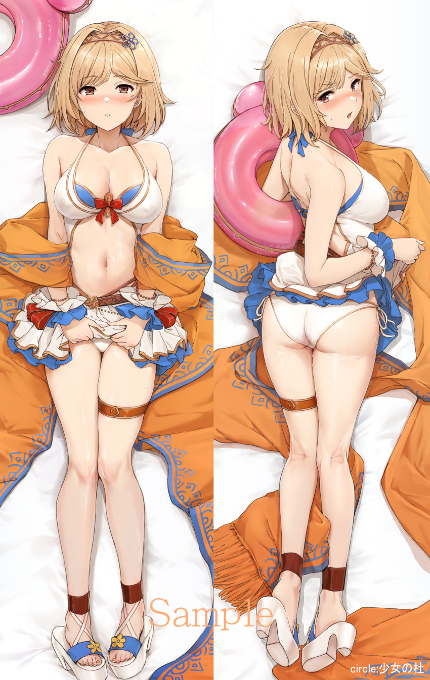 1girl, akita_hika, ass, bangs, bare_shoulders, bikini, blonde_hair, blush