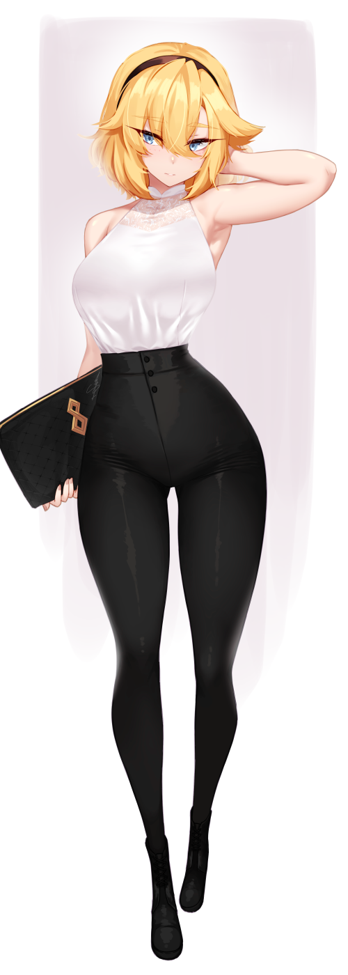 1girl, arms_behind_head, bag, bangs, bare_shoulders, black_pants, blonde_hair, blue_eyes